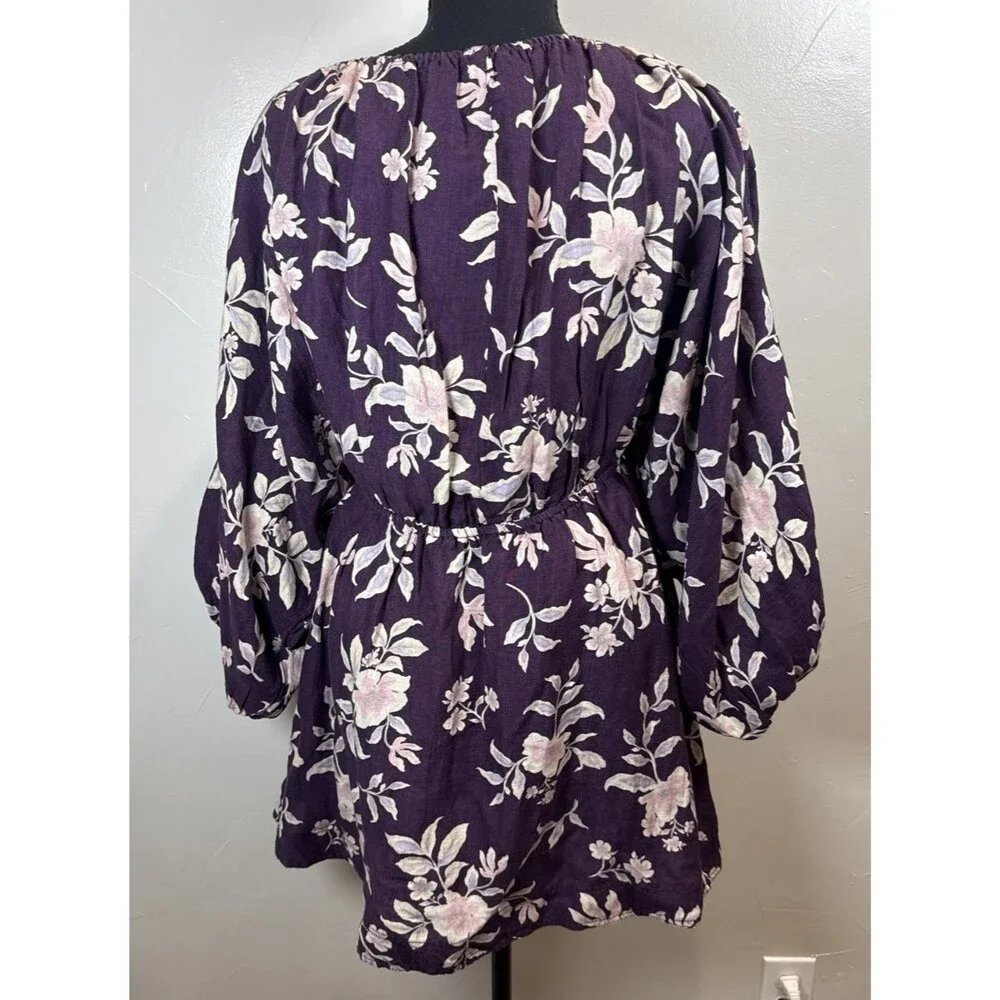 Free People Portia Printed Mini Dress Womens Small Purple Floral Linen Blend NWT
